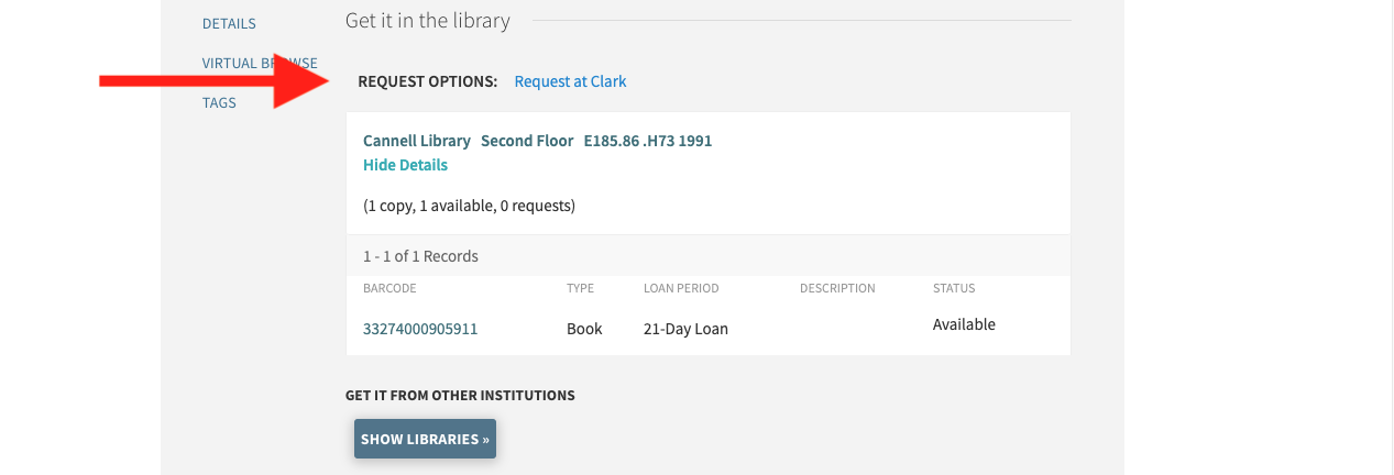 Screenshot of a red arrow pointing to the "Request at Clark" link.