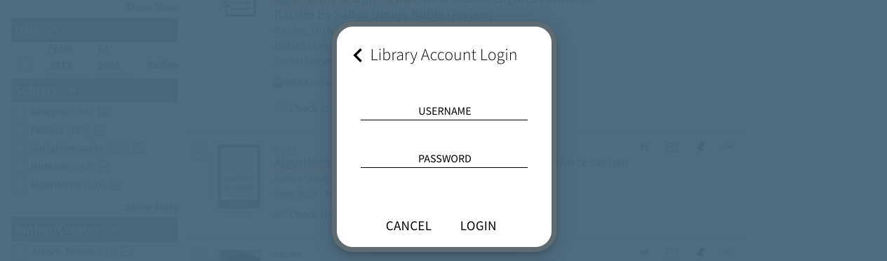 Screenshot of the "Library Account Login" popup window with username and password fields.