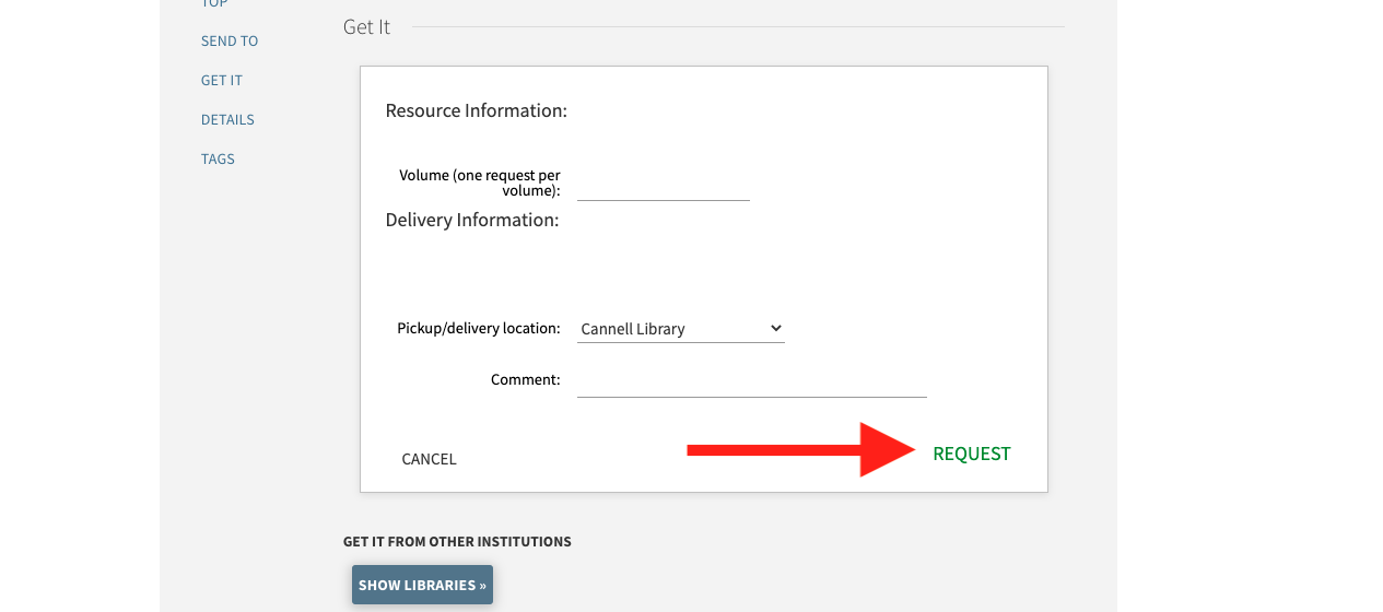 Screenshot of a red arrow pointing to the green "Request" button.