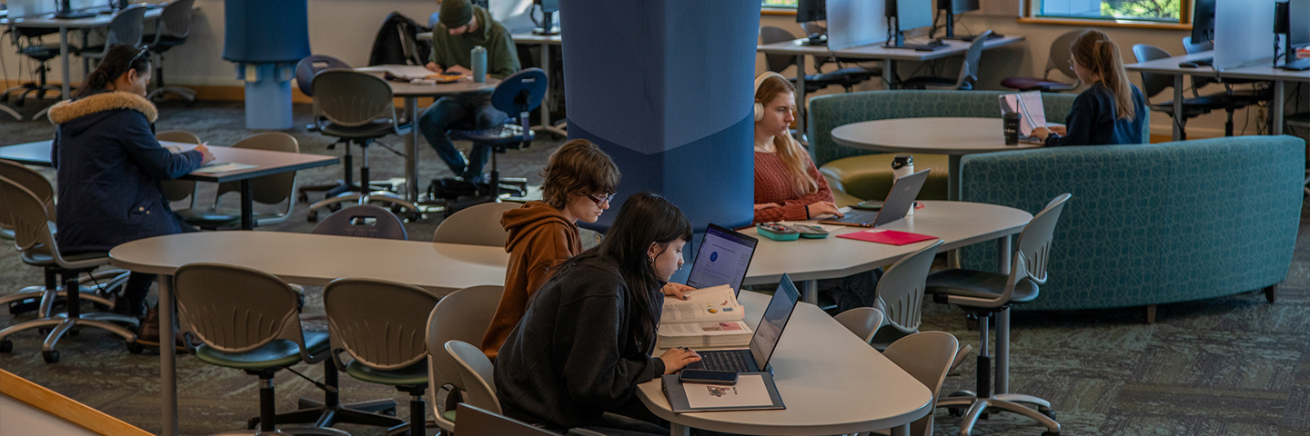 Candid photo of students in the learning commons of library studying with books and laptops