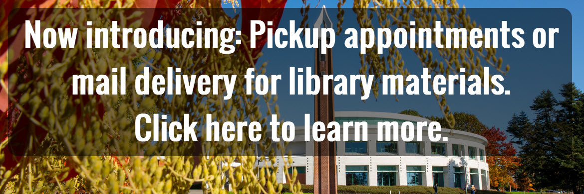 Text reads: Now introducing: Pickup appointments of mail delivery for library materials. Click here to learn more.