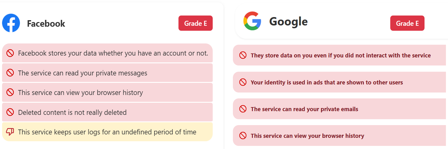 facebook and google notifications saying they do not protect your data