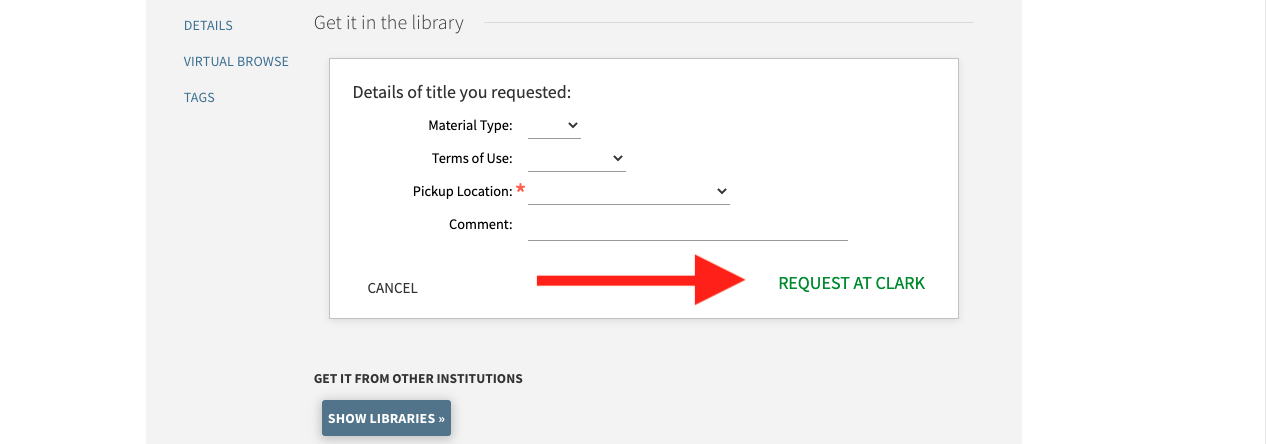 Screenshot of a red arrow pointing to the green "Request at Clark" button.