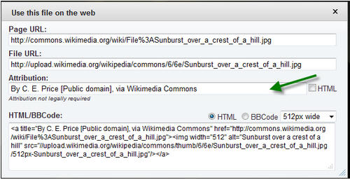 description of attribution for public domain images in wikimedia